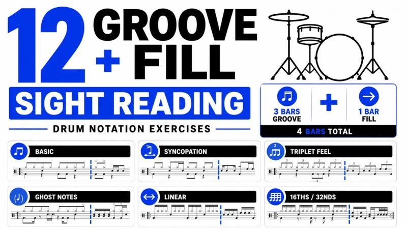 Práctica de lectura a primera vista de grooves y fills – 18 ejercicios escritos