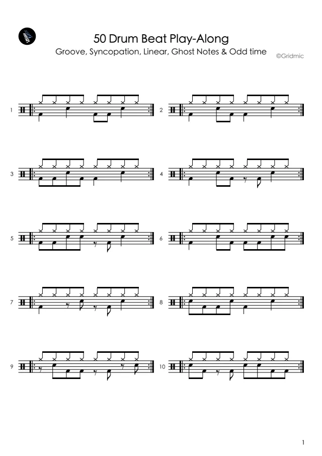 A page from 50 Drum Beats Every Drummer Should Practice – From Basics to Odd Time Grooves