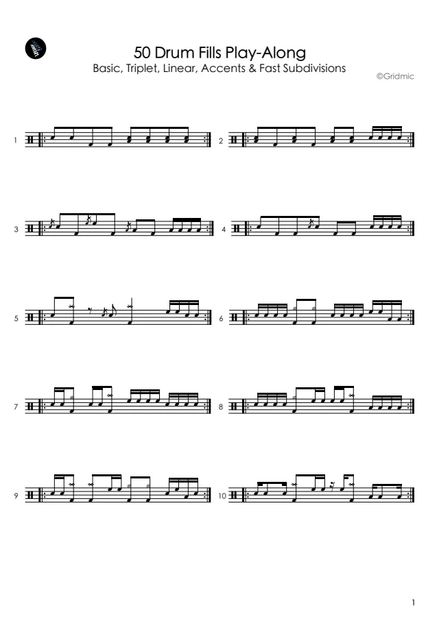 A page from 50 Drum Fills Every Drummer Should Practice – From Basics to Fast Subdivisions