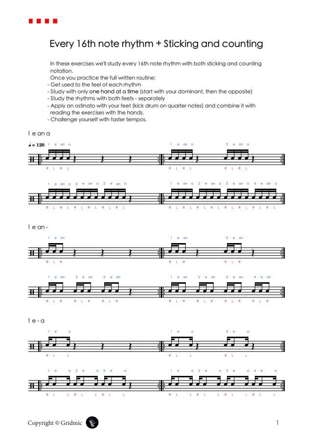 A page from Master every 16th note rhythm (with sticking and counting)