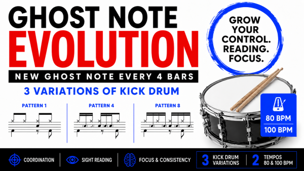 Ghost Note Groove Practice – Add a New Ghost Note Every 4 Bars 🥁